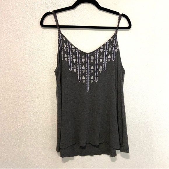 torrid Tops - Torrid Gray and White Geometric Boho Embroidered V-Neck Tank Top Large